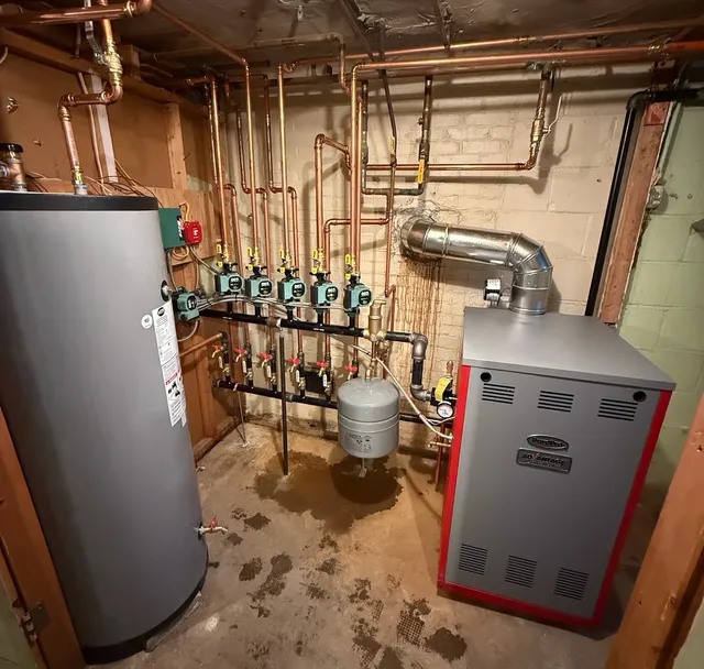 Boiler room with copper manifold and zone circulators