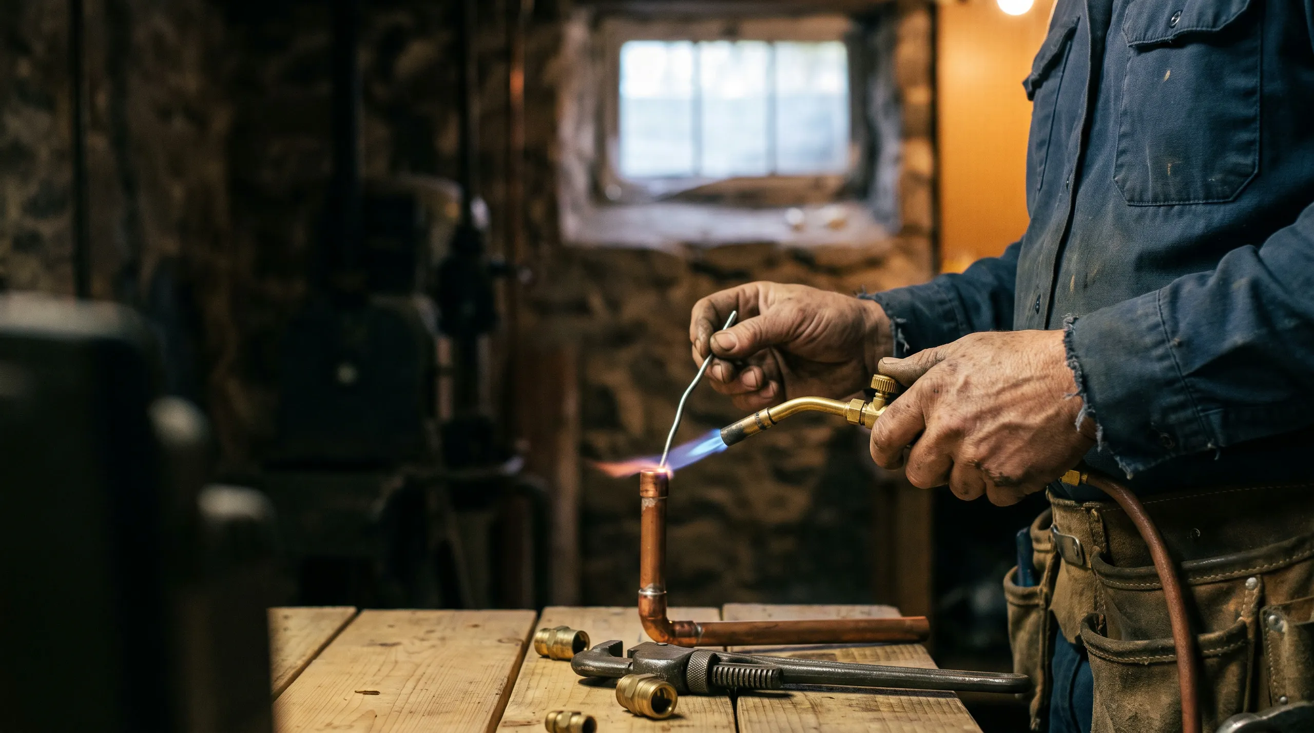 Plumber soldering a copper pipe joint at a workbench